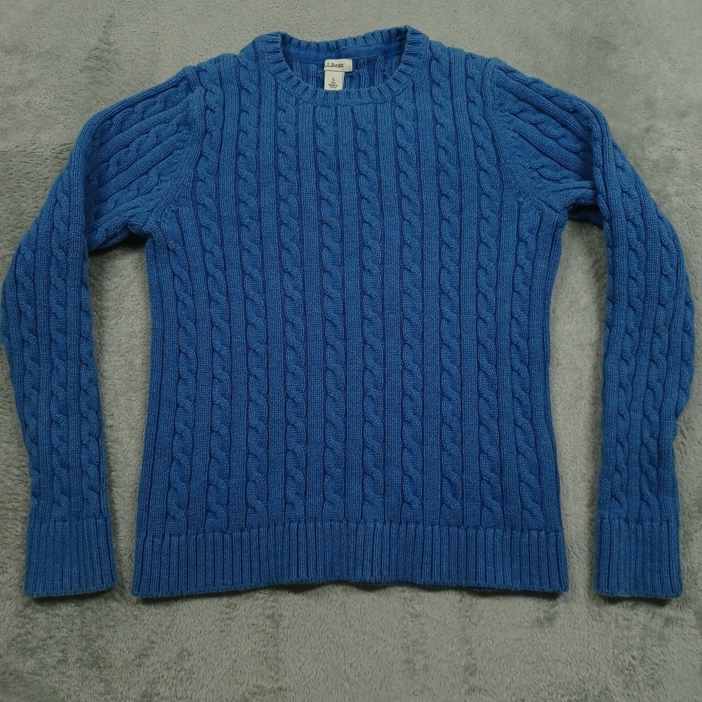 LL Bean Sweater Womens Small Blue Cable Knit Pullover Crew Neck Casual